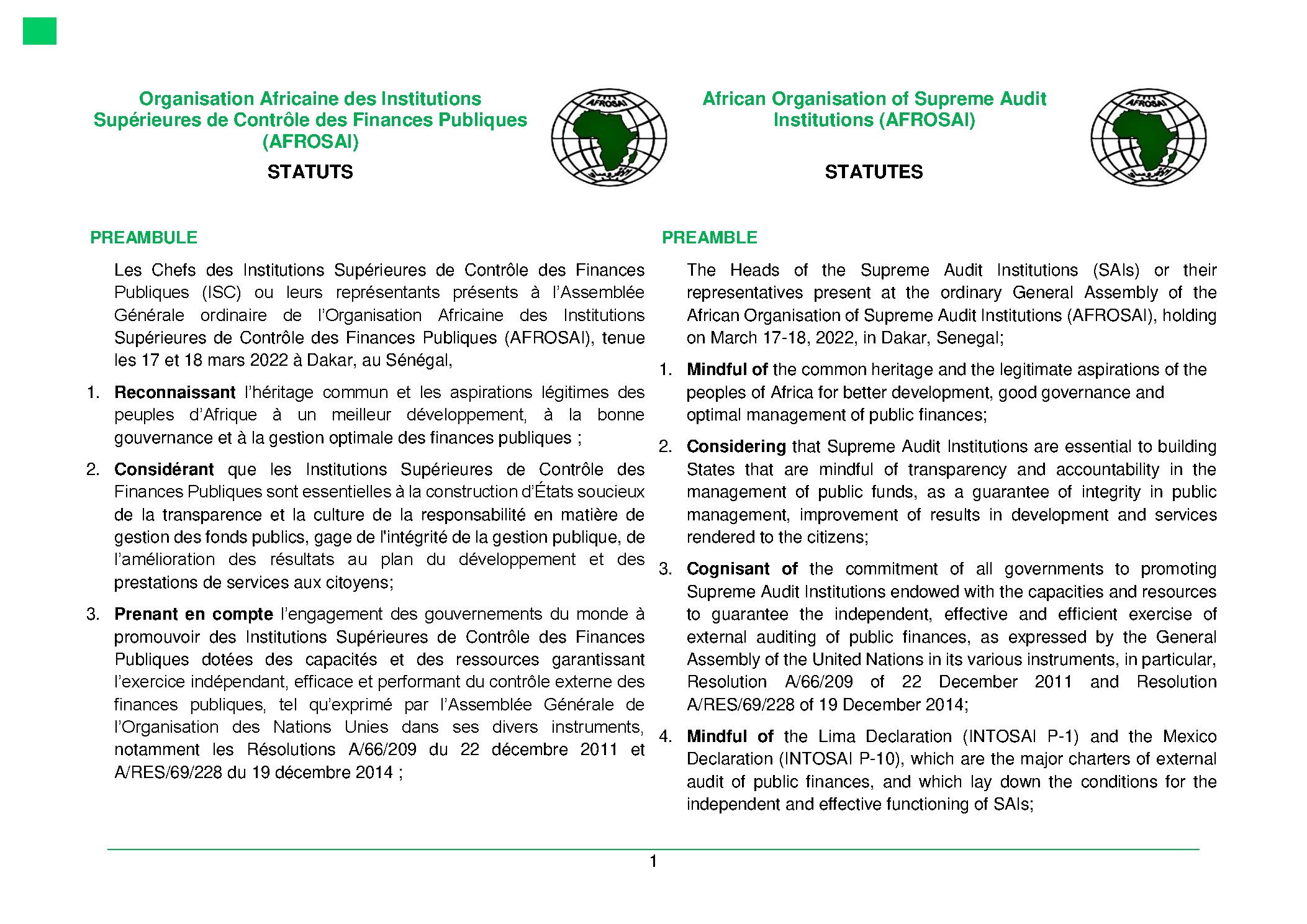 Statuts de l'Organisation Africaine des Institutions Supérieures de Contrôle des Finances Publiques AFROSAI