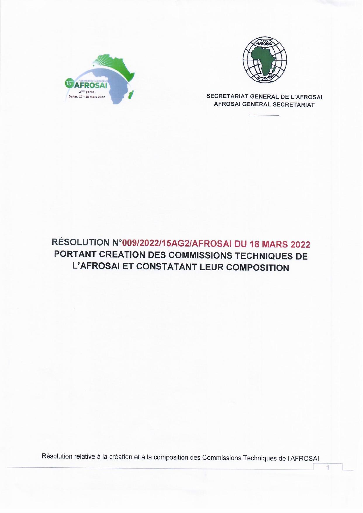 Résolution n°009/2022/15AG2 PORTANT CRÉATION DES COMMISSIONS TECHNIQUES DE L’AFROSAI ET CONSTATANT LEUR COMPOSITION