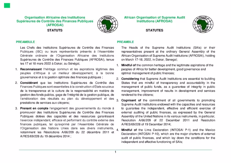 Statuts de l'Organisation Africaine des Institutions Supérieures de Contrôle des Finances Publiques AFROSAI